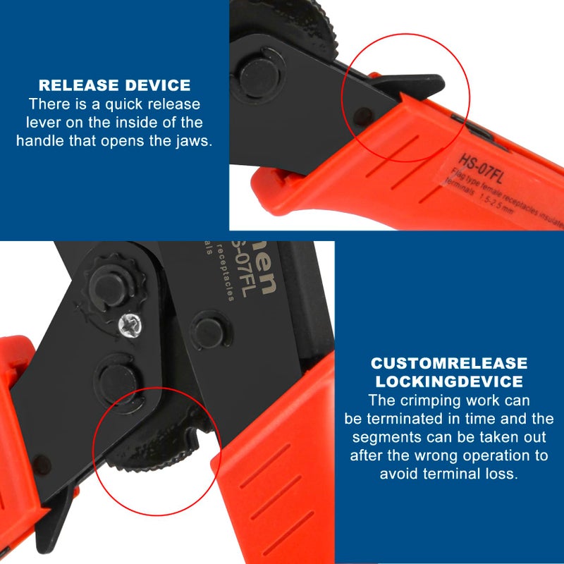 Heschen Ratchet Crimper Plier, HS-07FL, Flag Female Quick Disconnects Crimping Tools, Use for 1.5-2.5 mmÂ² (15-13 AWG), Red - Image 5